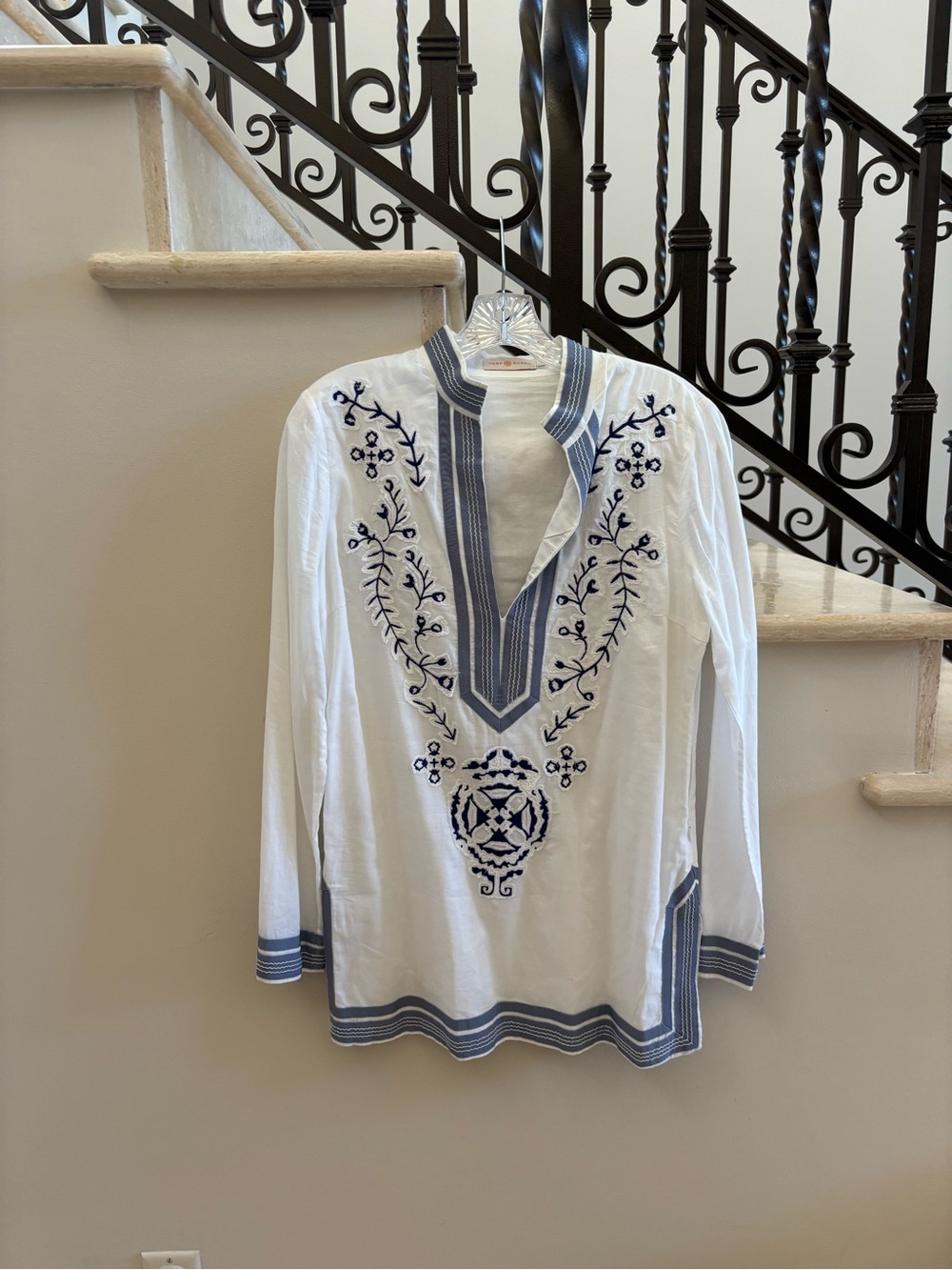 Tory Burch White Tunic Shirt with Navy Embroidery
